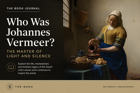 Editorial cover for The Book Journal article "Who Was Johannes Vermeer?" featuring a Vermeer-inspired portrait in the style of the Dutch Golden Age and the title "The Master of Light and Silence".