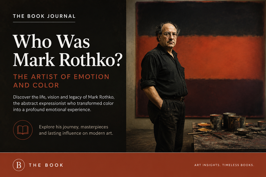 Editorial cover for The Book Journal article "Who Was Mark Rothko?" featuring an original Rothko-inspired abstract painting and a portrait of the artist in his studio.
