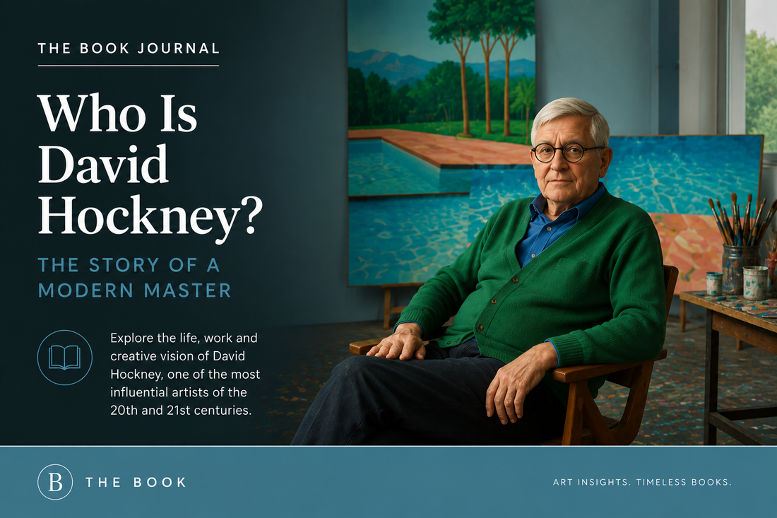 ditorial cover for The Book Journal article "Who Is David Hockney?" featuring a portrait of David Hockney in a contemporary studio inspired by his iconic swimming pool paintings.