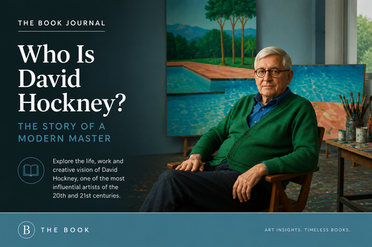 ditorial cover for The Book Journal article "Who Is David Hockney?" featuring a portrait of David Hockney in a contemporary studio inspired by his iconic swimming pool paintings.