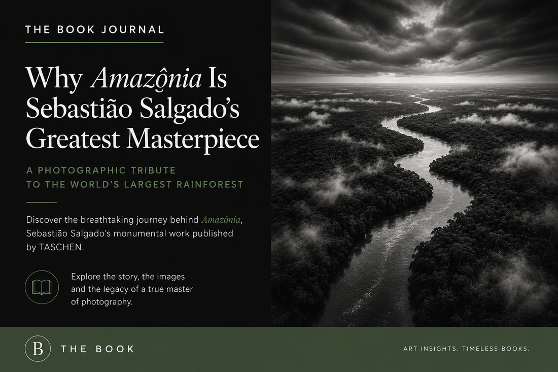 Editorial illustration for The Book Journal article about Sebastião Salgado's Amazônia, featuring a dramatic Amazon rainforest landscape inspired by documentary photography.