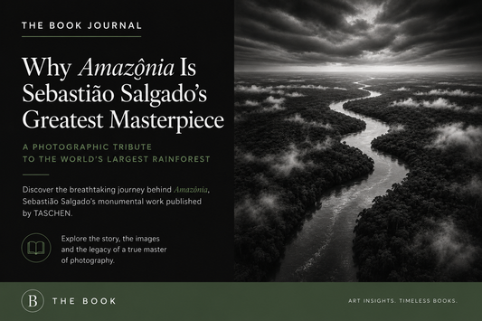 Editorial illustration for The Book Journal article about Sebastião Salgado's Amazônia, featuring a dramatic Amazon rainforest landscape inspired by documentary photography.